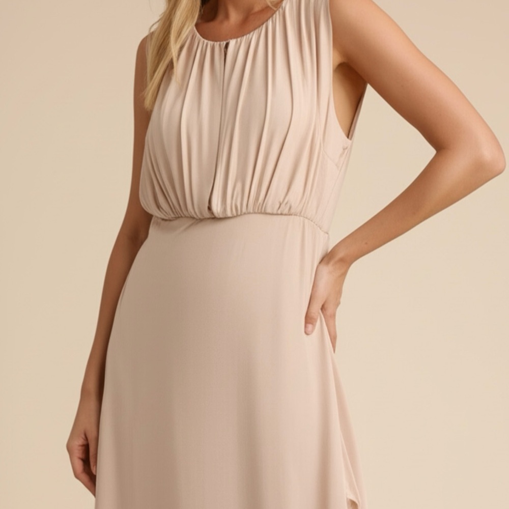 L’AGENCE 100% Pur Amour Ruffle Midi Dress – Nude Beige, Romantic & Refined